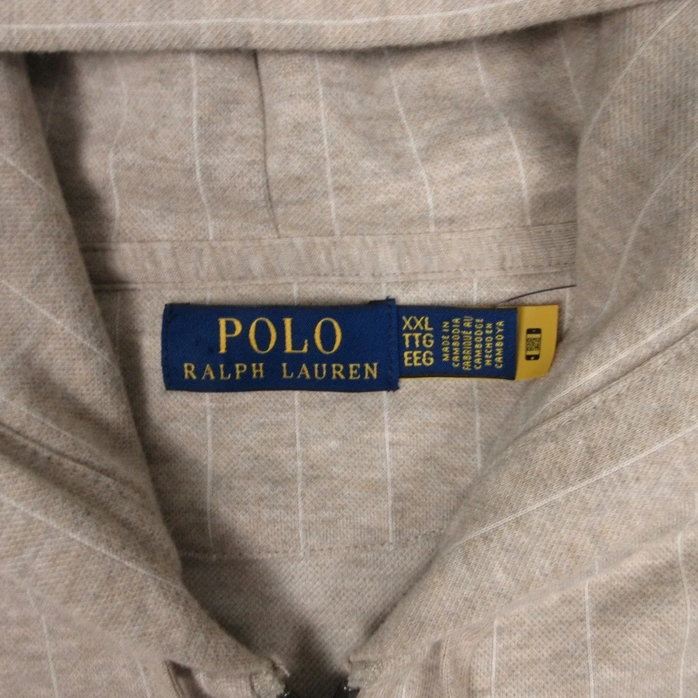 Polo Ralph‎ Lauren Sweater Mens 2XL Beige Pinstripe Full Zip Hoodie Sweatshirt